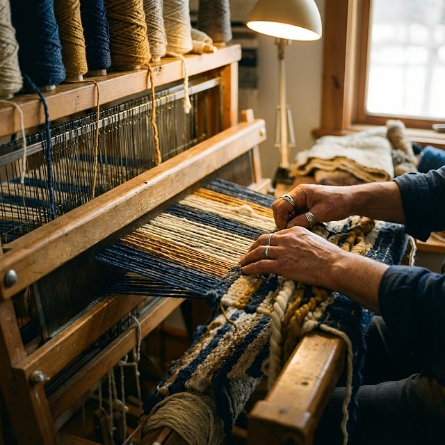 close-up of artisan hands weaving authentic tartan fabric on traditional wooden loom, vibrant red and green plaid pattern emerging, detailed textile craftsmanship, natural workshop lighting, spools of wool thread in background, heritage weaving techniques